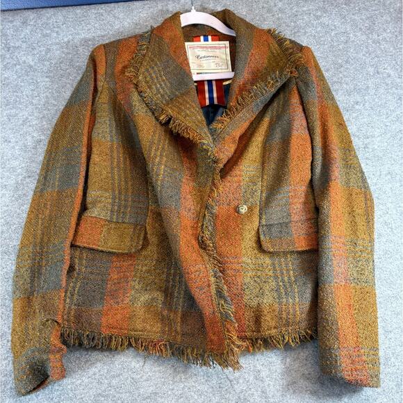 Anthropologie Cartonnier Wrap Blazer Womens Size 2 Brown Plaid Tweed Fringed - Picture 4 of 7